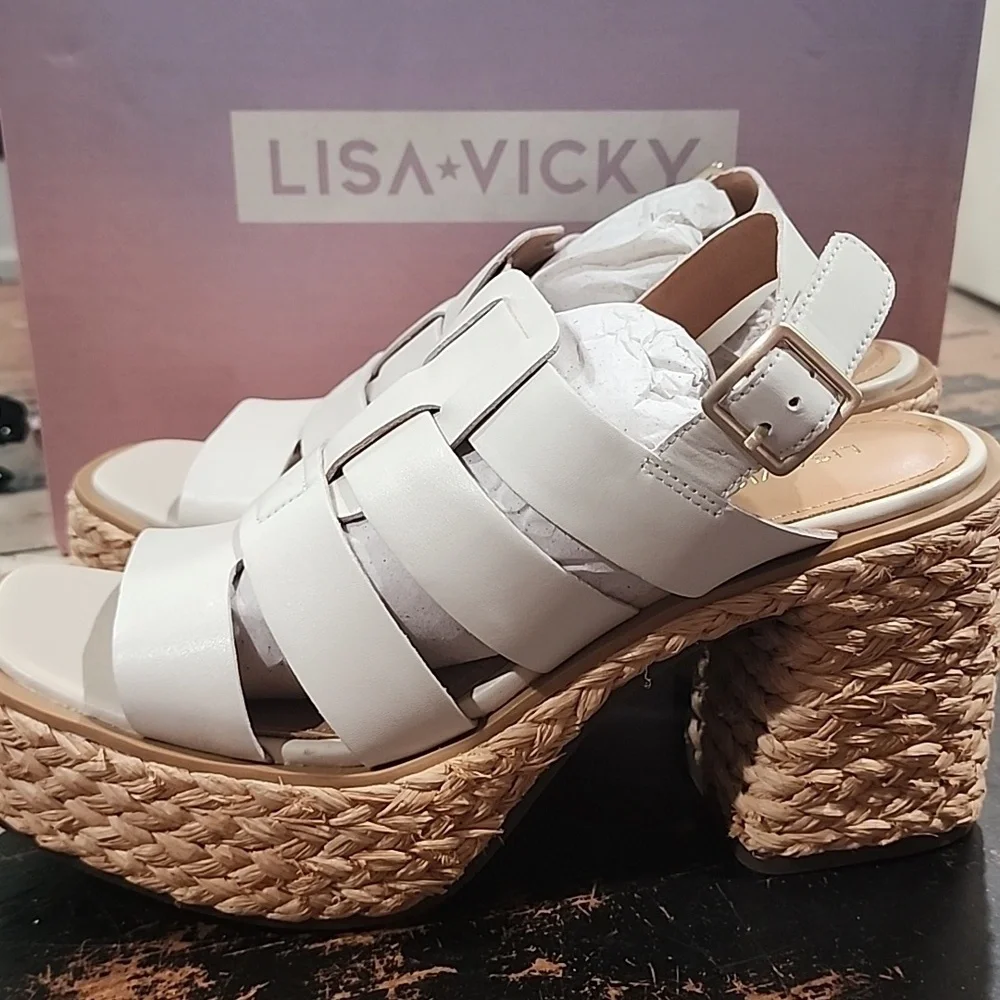 Lisa & Vicky Just-V White Leather Strappy Platform New In Box 9.5